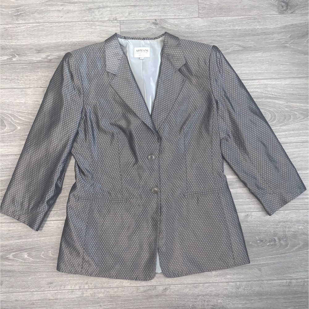 Armani Collezioni Blazer Jacket Gray Silk Polka‎ Dot Jacquard Size 8